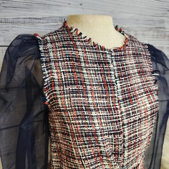 Zara Organza Puff Sleeve Tweed Plaid Blouse - Picture 3 of 6